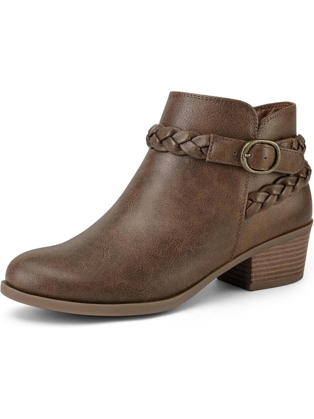 Women's Aged Brown Chunky Heel Round Toe Wide Width Short Side Zipper Ankle Boot